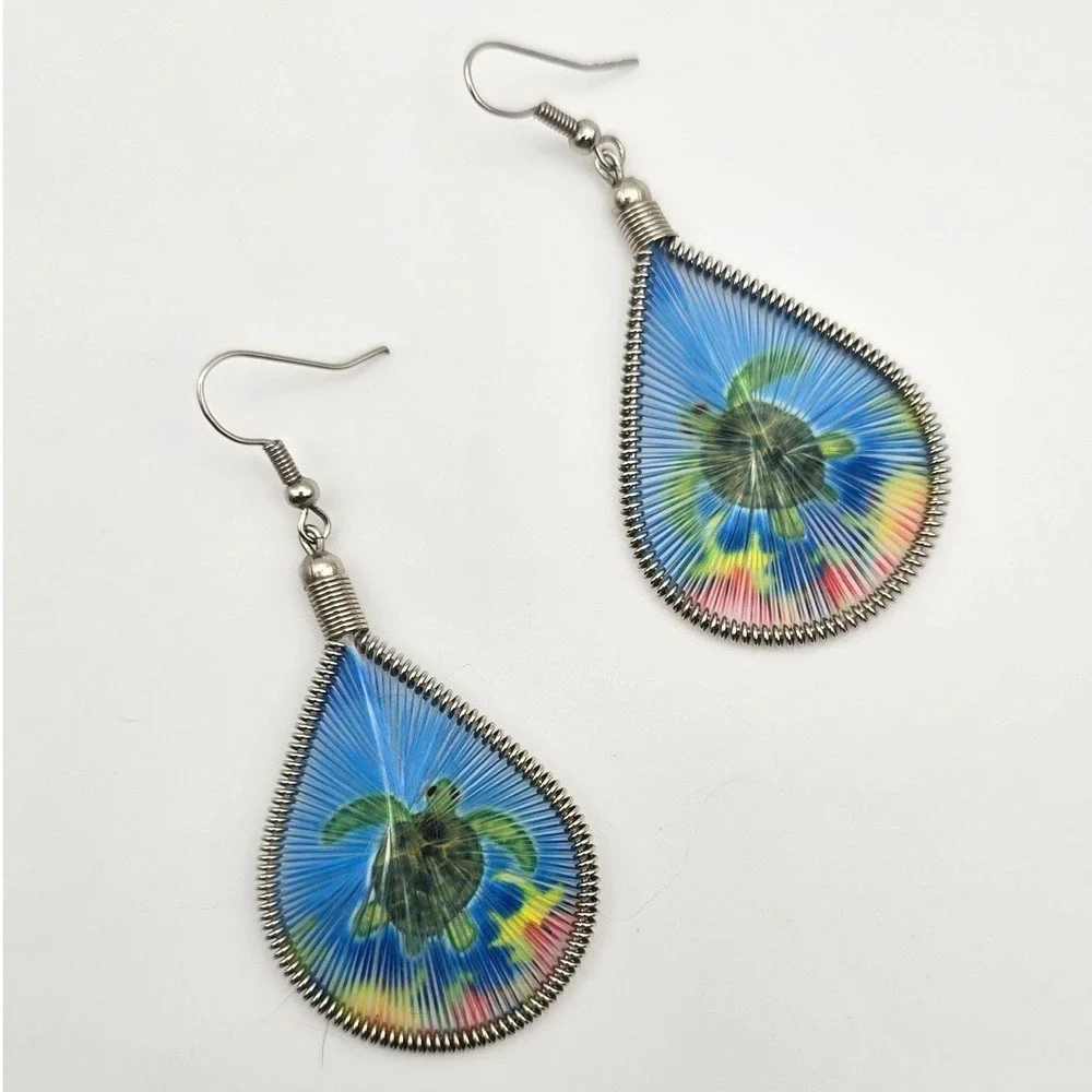 Teardrop Sea Turtle Woven Thread Dangle Earrings Blue Green Sealife Ocean Beachy